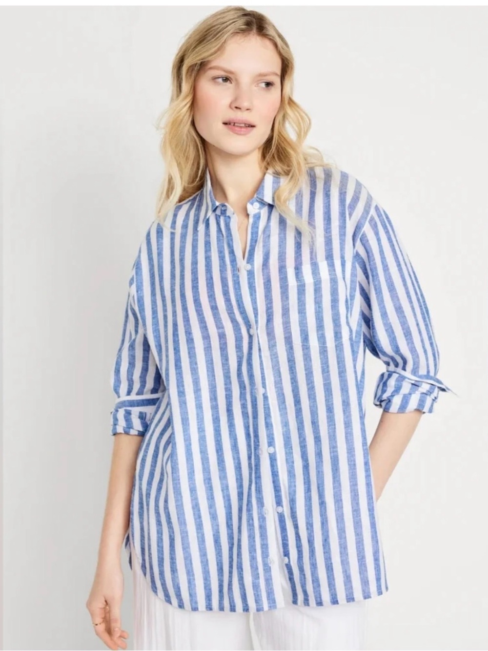 Old Navy Blue and White Striped Button-Up Linen blend Shirt - Women
